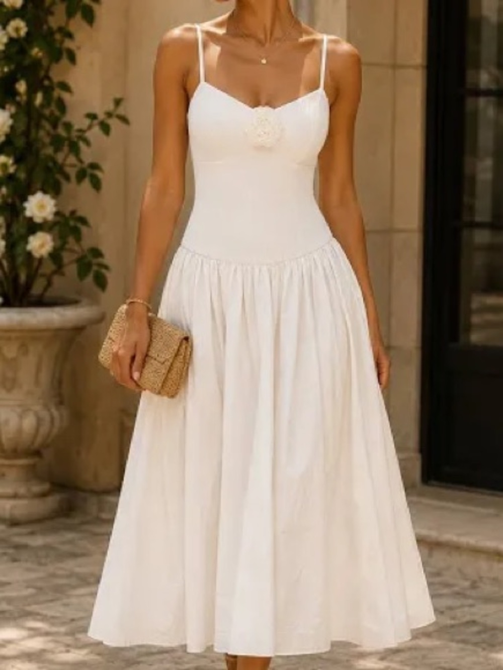 Ivory Spaghetti-Strap Midi Dress with Floral Applique